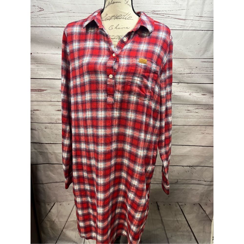 Simply Southern Women Red Plaid Flannel Nightshirt Sleep Shirt Dress Size L